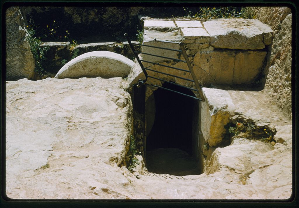 Early 1900s photograph of Herod's family tomb in Jerusalem, a first-century rock-cut tomb known for its round rolling stone.