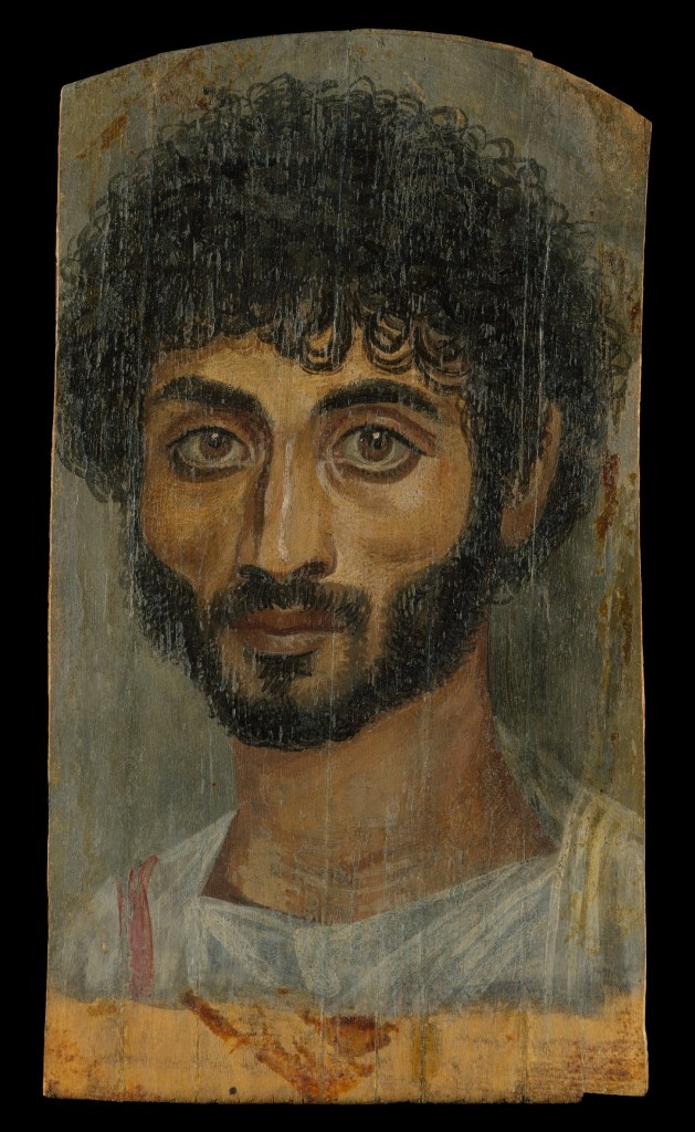 Lifelike ancient painted portrait of a thin-faced man with dark curly hair and a short dark beard, looking directly at the viewer